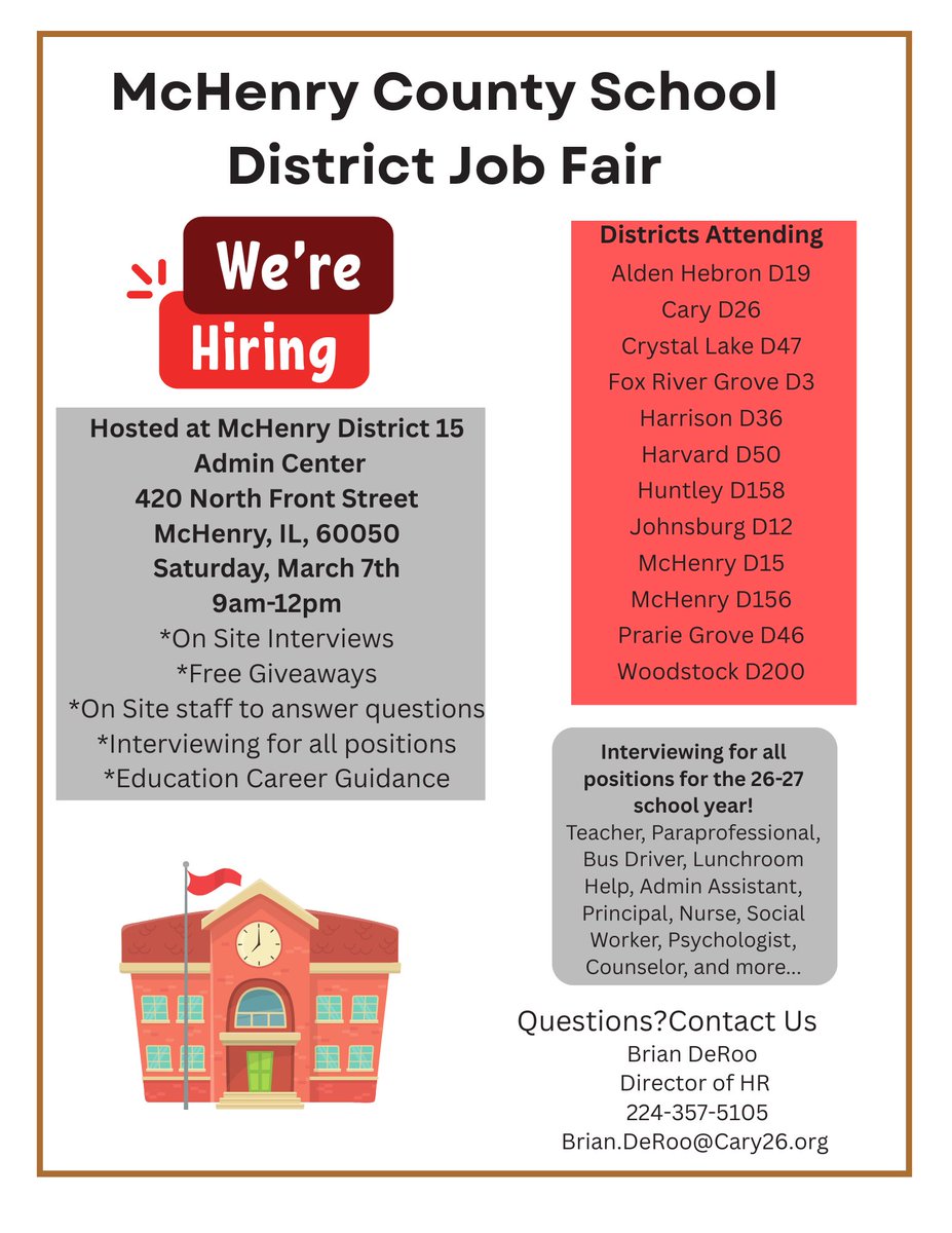 District 15 will be hosting a McHenry County Schools Job Fair at Central Office on Saturday, March 7th, from 9 am to 12 pm. Please reference the flyer for more details! #pklvikings #vikingnation