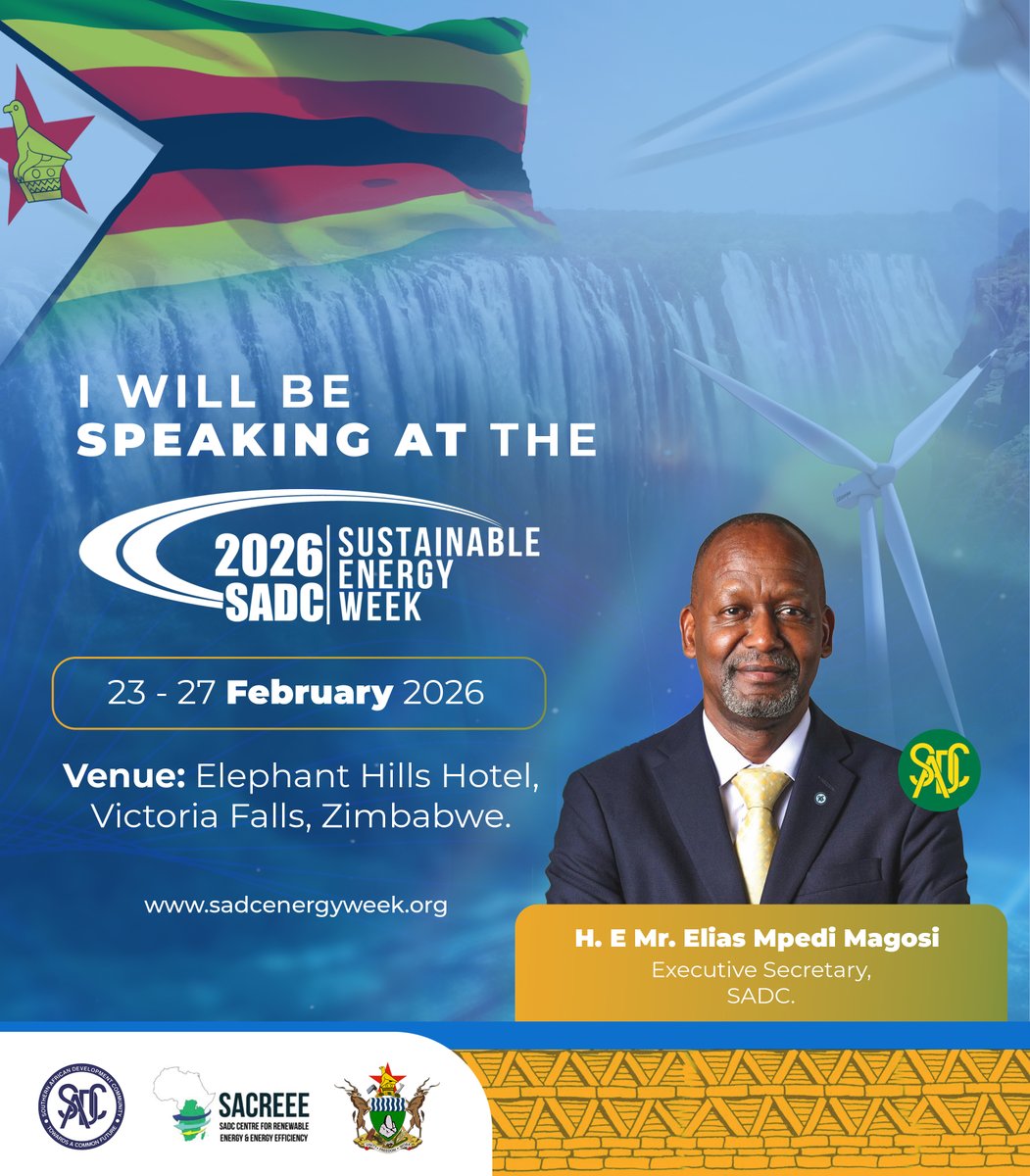 SADCSEW's tweet photo. Proud to welcome H. E. Mr. Elias Mpedi Magosi, Executive Secretary of SADC, as a speaker at #SADCSEW2026 in Victoria Falls, Zimbabwe โ driving collaboration for a secure, clean, and inclusive energy future.
#EnergySecureSADC #CleanEnergySADC #PoweringSADC #WomeninEnergy https://t.co/JVeoreK3a1