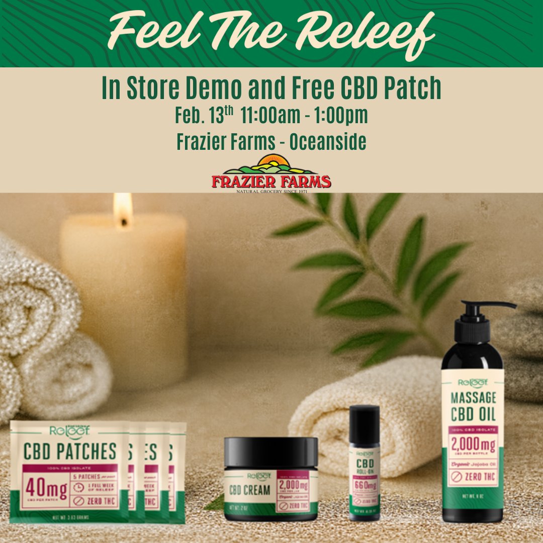 ReleefDirect's tweet image. 🌿 Join us for a LIVE demo of Releef CBD Topicals!

📍 Frazier Farms – Oceanside
🗓   Friday, Feb. 13
⏰ 11:00am–1:00pm
✨ FREE CBD Patch

✔️ Zero THC
✔️ Skin-friendly
✔️ Clean ingredients

Come experience the Releef difference!

#ReleefDirect #CBDTopicals #ZeroTHC #FrazierFarms