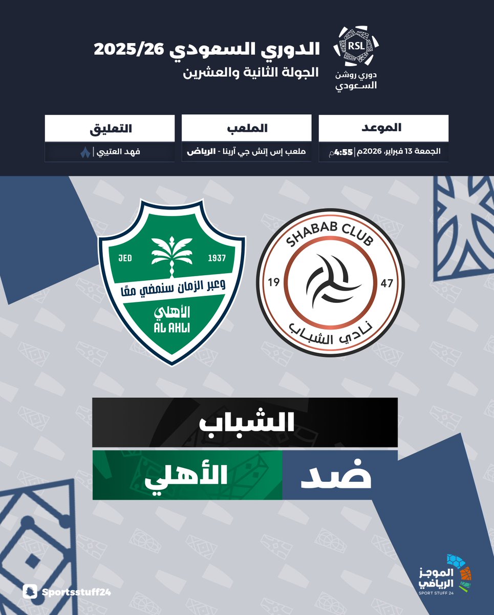 SportStuff24's tweet photo. 🏆 #الدوري_السعودي 26/2025 - الجولة 22

⚽️ الشباب × الأهلي
📆 الجمعة 13 فبراير 2026
⏰ 4:55 مساءً بتوقيت مكة 🇸🇦
🏟️ ملعب إس إتش جي آرينا - الرياض
🖥️ ثمانية 
🎙️ تعليق: فهد العتيبي

#RoshnSaudiLeague

https://t.co/7g3hj2uex8 https://t.co/l4yn2x5TDU