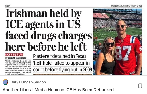 bungarsargon's tweet photo. ICE detention is voluntary. Every person in ICE detention can choose to leave immediately—indeed, the Trump administration will literally pay them thousands of dollars to do so (somehow, I don’t remember any stories about the Nazis offering Jews $2,600 to leave Auschwitz). They just can’t leave to go back into the country they broke into. 

Why is Mr. Culleton so eager to stay in what he called a concentration camp? He has cited his wife and business in Boston. Fair enough. But it turns out, when he was granted that visa in 2009 and came to the U.S., he was allegedly facing drug charges back in Ireland.

My piece on the latest liberal media hoax on ICE to be debunked:
https://t.co/uHuoETGFWf