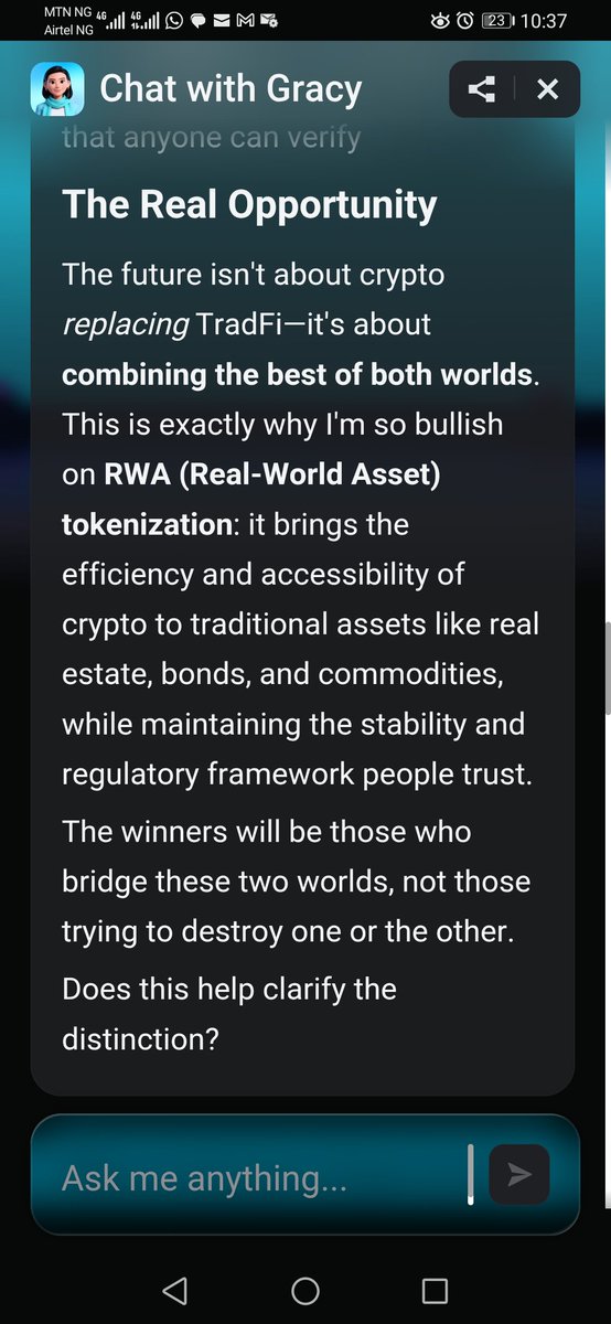 Block_star0's tweet photo. @bitget Just tried Gracy AI and didn’t expect it to be that interactive 
Actually cool seeing crypto + TradFi insights explained in a simple way. Worth testing. https://t.co/RCs23Gmc5T