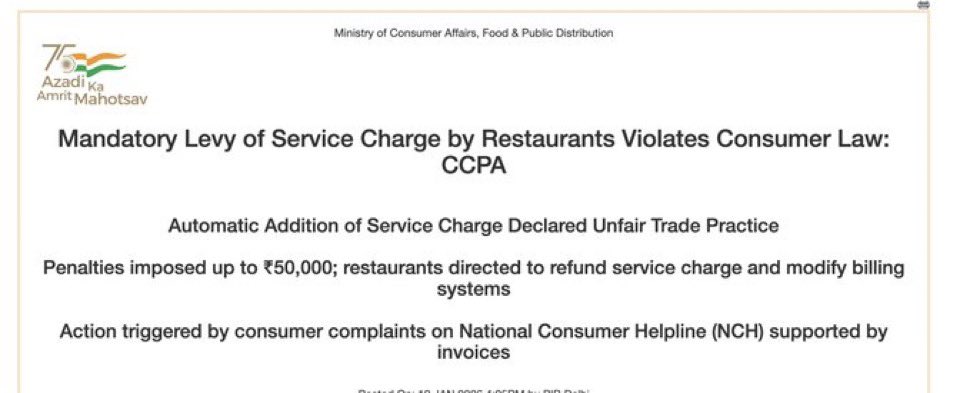 ZZoariah's tweet photo. Big update: no more automatic service charge on your bill.

Good. Because in India we already tip if the service is good we don’t need a forced line item. This isn’t the US where tipping is practically mandatory and 18-25% gets added or expected everywhere you go. Here, you shouldn’t have to call the waiter, ask to remove it, wait for a reprint, and sit through the silent judgement.

Service should be voluntary, not built into the bill like a guilt tax.