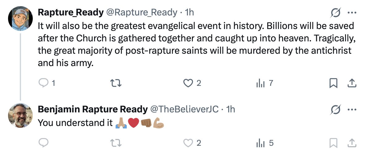 WWURD_Official's tweet image. The greyed-out Reply bubble 👇means that both of these, I'll call them brethren, have Blocked me on this platform.  Despite talking about the #PreTrib #Rapture of the Church, they are demonstrating their lack of understanding of God's word:

And with all deceivableness of