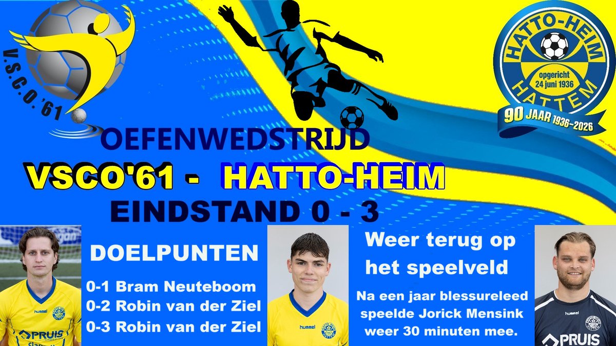 Donderdagavond speelde Hatto-Heim een oefenwedstrijd tegen VSCO'61 uit Oosterwolde.
Op sportpark De Heughte stond na 90 minuten de eindstand van 0-3 op het scorebord.

Doelpuntenmakers:
⚽️0-1 Bram Neuteboom
⚽️0-2 Robin van der Ziel
⚽️0-3 Robin van der Ziel