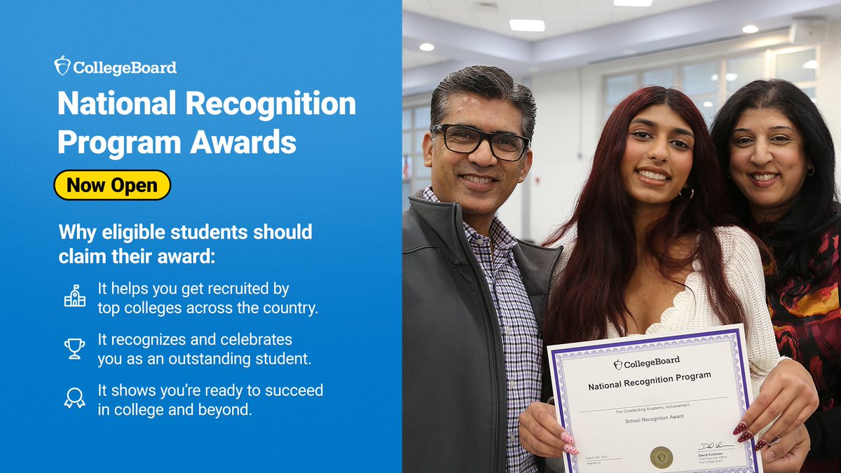 CollegeBoard's tweet image. Help students stand out as a top student on their college and scholarship applications. 
 
Many 10th and 11th graders nationwide are eligible for a College Board #NationalRecognitionProgram award.  

 Students can review their eligibility here: spr.ly/6010hrdeE