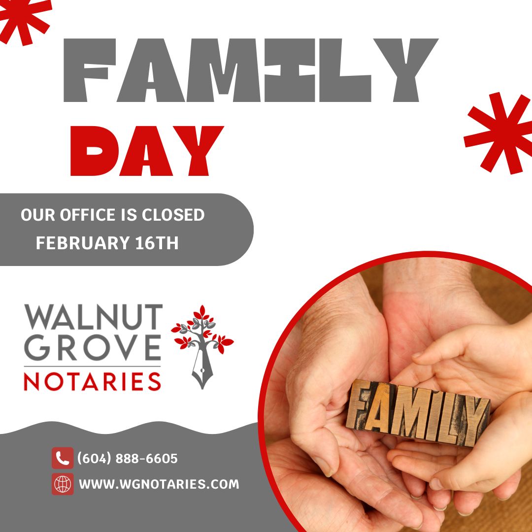 Family Day – February 16th
At Walnut Grove Notaries, we believe family is at the heart of everything including the important legal documents that protect the people you love most.
If you need assistance while we’re away, we invite you to reach out ⤵️
🔗 wgnotaries.com/contact-us