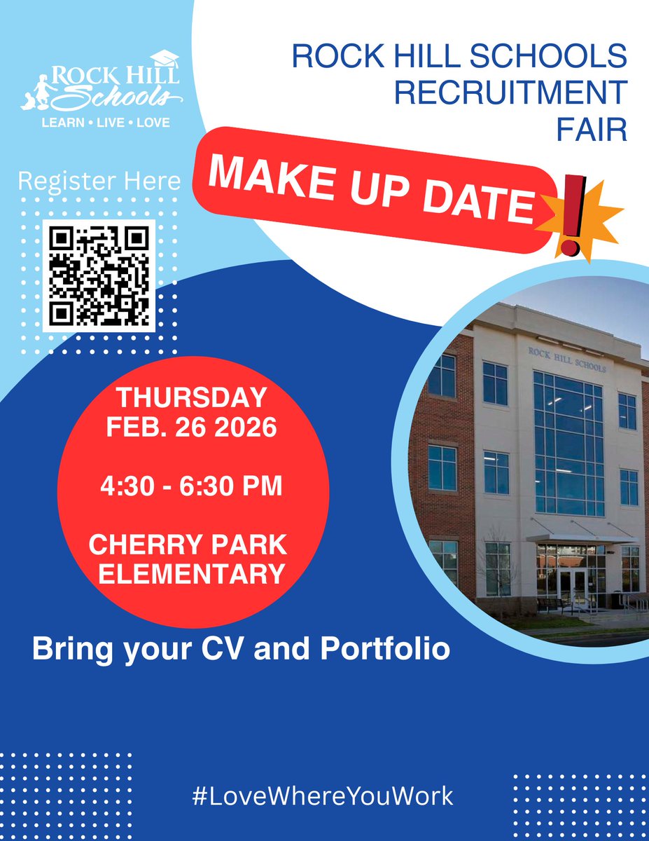 📢 New Date Announced!

Due to inclement weather, our Rock Hill Schools Recruitment Fair was postponed — but we’re excited to share the new date!
🗓 Thursday, February 26, 2026
⏰ 4:30 – 6:30 PM
📍 Cherry Park Elementary
#LoveWhereYouWork ❤️
