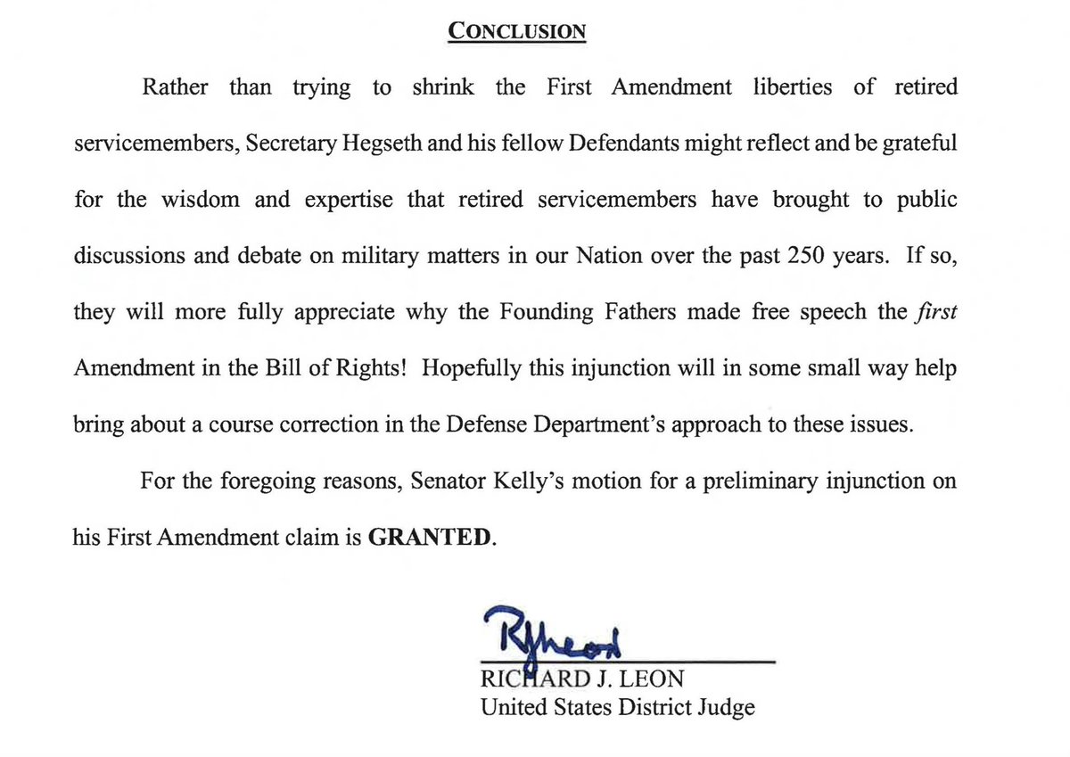 girlsreallyrule's tweet photo. Judge Richard Leon issued an order on Thursday that grants Senator Kelly, a former US Navy captain, the injunction he was seeking and blocks Pete Hegseth’s censure while litigation moves forward.

This legal conclusion says it all: https://t.co/obTQGFF9BP https://t.co/qWmxVXvbQ8