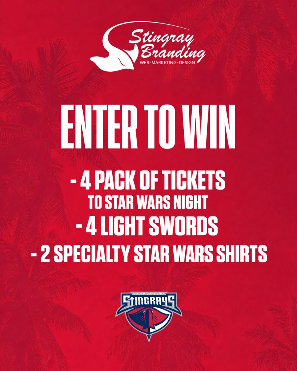 🏒✨ We’ve partnered with @scstingrayshockey for a Star Wars Night GIVEAWAY! ⚔️

🎟️ 4 Tickets (2/21)
💳 $50 Reef Gift Cards
⚔️ 4 Light Swords

🗓️ 2/9–2/16
👉 Enter here: bit.ly/3awxEeK 

#SCStingrays #StarWarsNight #Giveaway