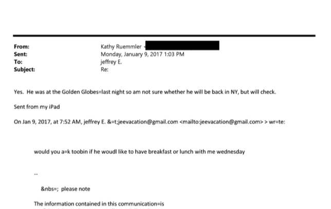 Hi <a href="/JeffreyToobin/">Jeffrey Toobin</a> -- Curious why the spate of Epstein meetings from August 2016 to January 2017? I count up to 4 possible meetings, with other emails indicating his team considered you a key ally.