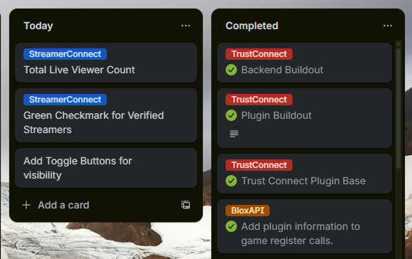 The test version of the TrustConnect <a href="/Roblox/">Roblox</a> plugin is working. It gets tips from the server &amp; tracks which games are using the plug-in.

This free plug-in will go a long way towards keeping kids safe online through consistent education.