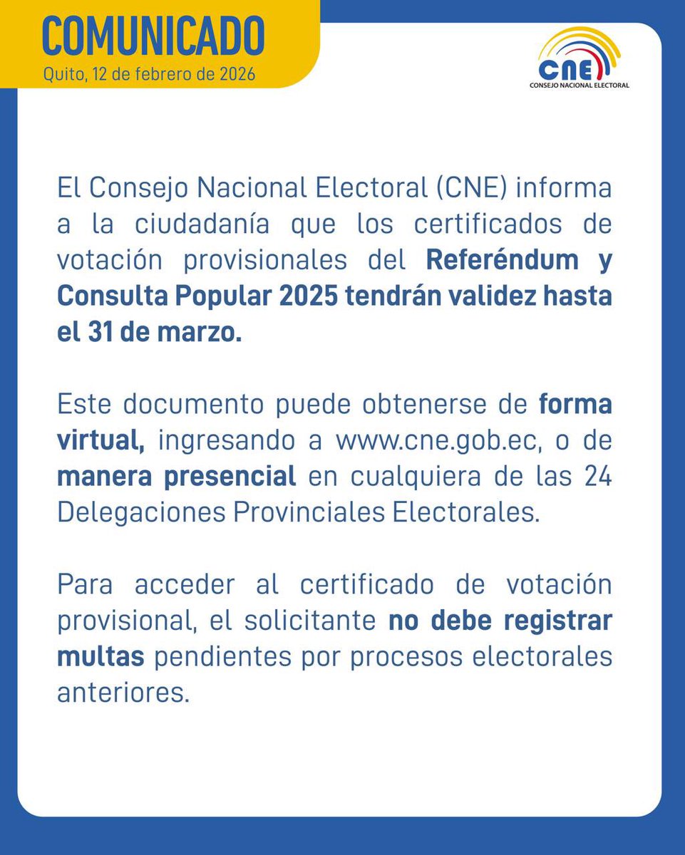 CNEGuayas's tweet photo. Los certificados de votación provisionales del #ReferéndumyConsultaPopular2025 serán válidos hasta el 31 de marzo.

📌 Puedes obtenerlo en línea a través de https://t.co/WzWHbjuzGI o de manera presencial

Recuerda: no debes tener multas pendientes para acceder a este documento. https://t.co/NwlYCplC7m