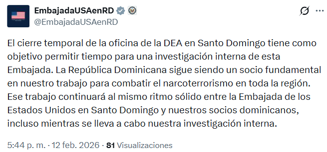 Embajada de EEUU: Gobierno de República Dominicana sigue siendo un socio FUNDAMENTAL