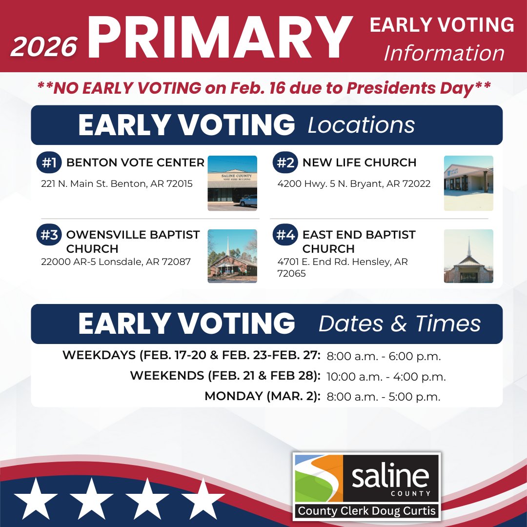 Early Voting for the 2026 Primary starts Tuesday at 8am 🇺🇸
✔️ Bunting hung
✔️ Spots marked
✔️ Poll workers trained

Vote at ANY of our 4 EV sites.
March 3: vote at ANY of our 19 sites.salinecounty.org/vote
salinecounty.org/voterview#Sali…