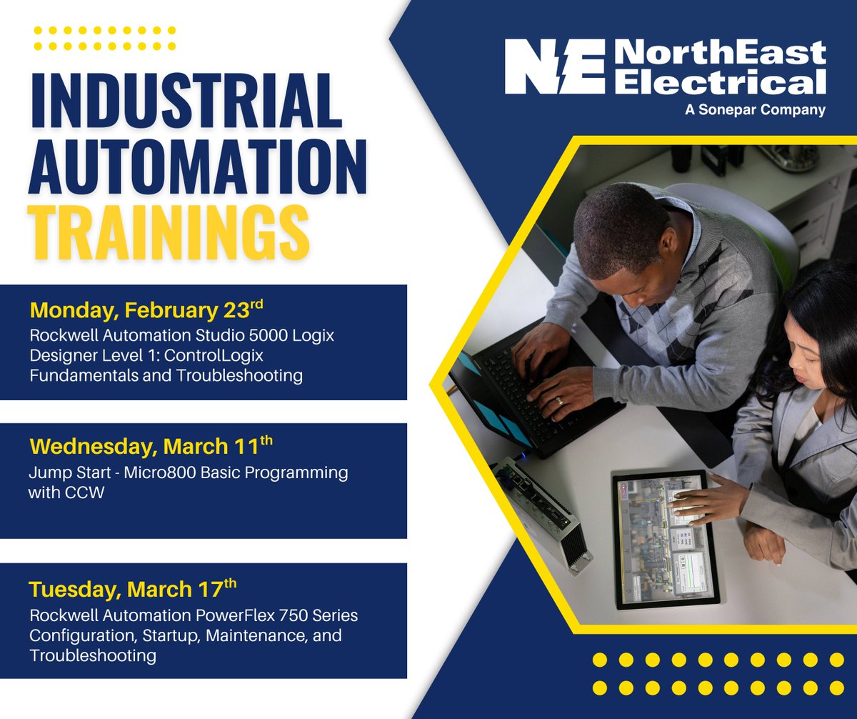💡Level up your industrial automation skills with NorthEast Electrical — your authorized <a href="/ROKAutomation/">Rockwell Automation</a> distributor.

Upcoming trainings
📅 Feb 23: Studio 5000 Logix Designer L1
📅 Mar 11: Micro800 Programming w/ CCW
📅 Mar 17: PowerFlex 750 Series

bit.ly/48I52tA