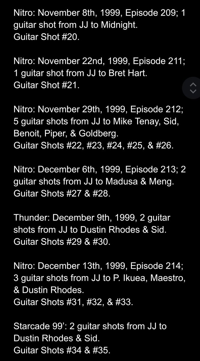 <a href="/WrestlingBios/">Wrestling Bios</a> 

This is the full RTW Timeline of Jeff Jarrett Guitar Shots throughout this war.

Thank you for everything sir.