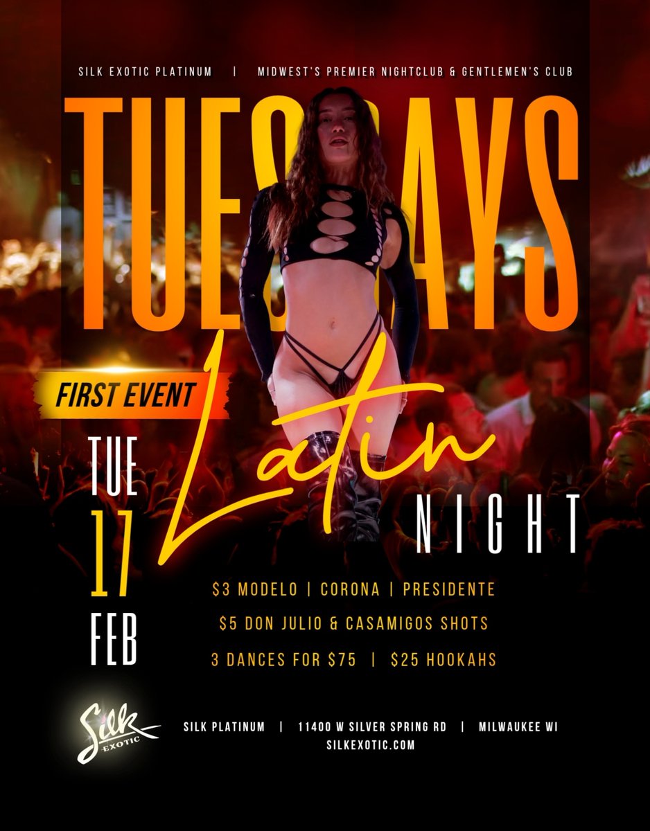 🔥 LATIN NIGHT AT SILK!🔥
Let's turn up the heat on Tuesday, Feb 17 at Silk Platinum!

We're bringing you a full-on Latin Night Party with:
🎧 Live DJ spinning all your favorite Latin hits
🍹 Amazing drink specials
🔥 Dance specials

#LatinNight
#LatinVibes
#SilkExotic