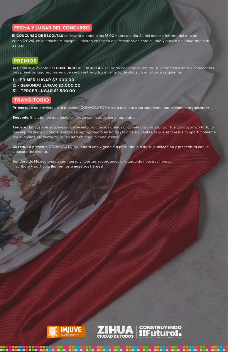 🇲🇽 Atención preparatorias, las invitamos a participar en la Segunda Edición del Concurso de Escoltas.

Un espacio para fortalecer la cultura cívica, el trabajo en equipo y el respeto a nuestros símbolos patrios, promoviendo el orgullo y los valores que nos unen como comunidad.