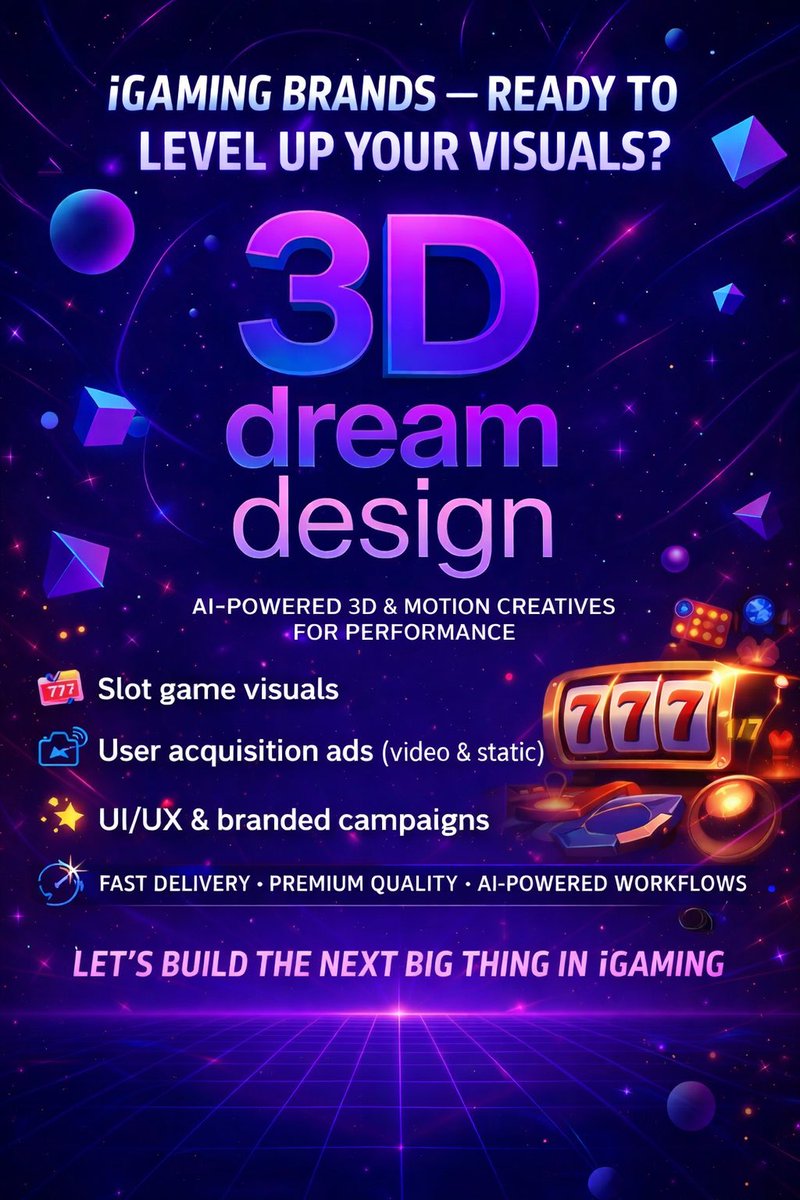 3ddreamdesign's tweet photo. 🚀 iGaming brands — ready to level up your visuals?

At 3DDream Design, we craft high-impact 3D &amp; motion creatives built for performance.

🎰 Slot game visuals
🎥 User acquisition ads (video &amp; static)
✨ UI/UX &amp; branded campaigns
⚡ Fast delivery. 

#iGaming  #3DDreamDesign https://t.co/5VFmDRxbzY