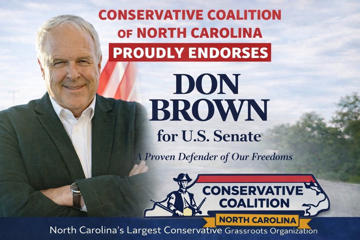 donbrownfornc's tweet image. I am honored to receive the Conservative Coalition of North Carolina’s endorsement for the U.S. Senate.

Together, we will defend our freedoms and fight for conservative leadership in Washington.

Early voting is underway. Make your plan and vote Don Brown. 🇺🇸
#NCSenate #ncpol
