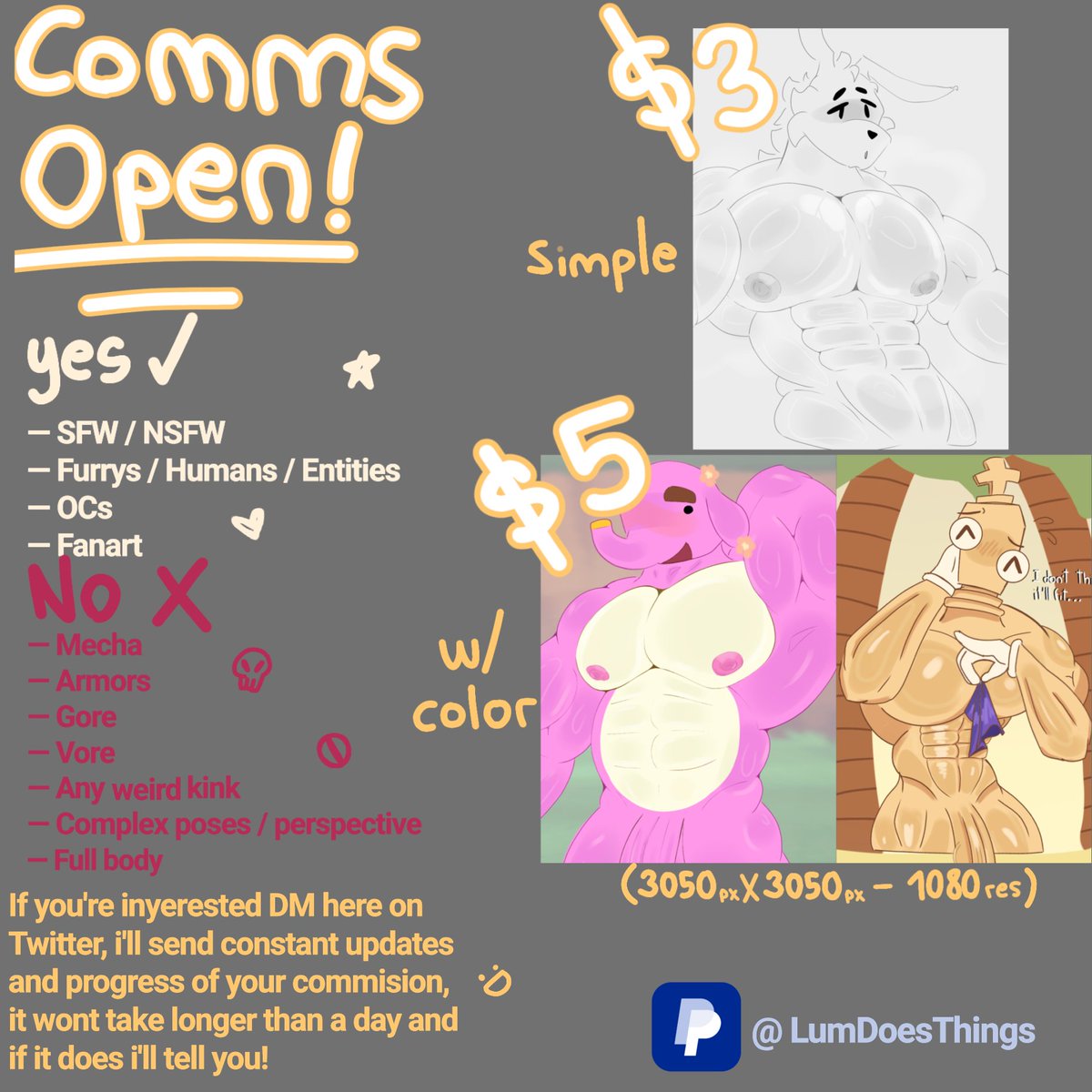 Hello, I'm opening commissions!

Any additional information can be discussed in DMs

♡ + ↻ help a lot 🙏