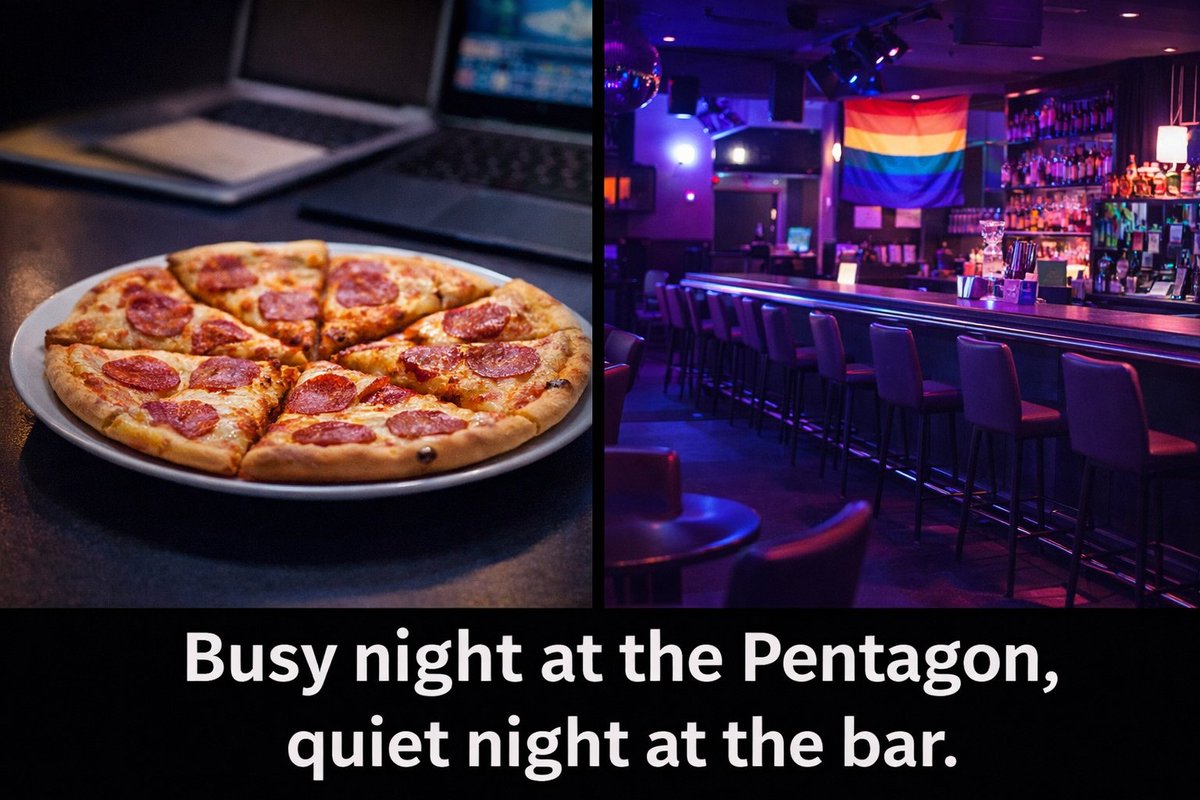 BREAKING OSINT:
When pizza orders near the Pentagon skyrocket 🚀…
and the nearby gay bar goes eerily quiet 🥲 —
you know something big is cooking. 🍕🛰️
(Just ask the Pentagon Pizza Report before the Iran strikes.)
polymarket.com/event/us-strik…
#OSINT #PentagonPizza #Politics #Iran