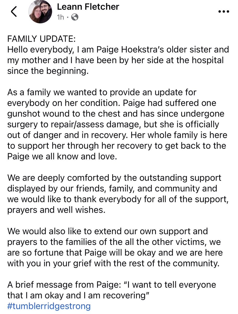 ChristiInJail's tweet image. More good news! Paige Hoekstra, one of the Tumbler Ridge victims is out of surgery and in recovery!

She was airlifted to Vancouver, which means she’s far from home and there will be a lot of expenses for her family, so consider donating to their gofundme

gofund.me/7ecbd3ce3