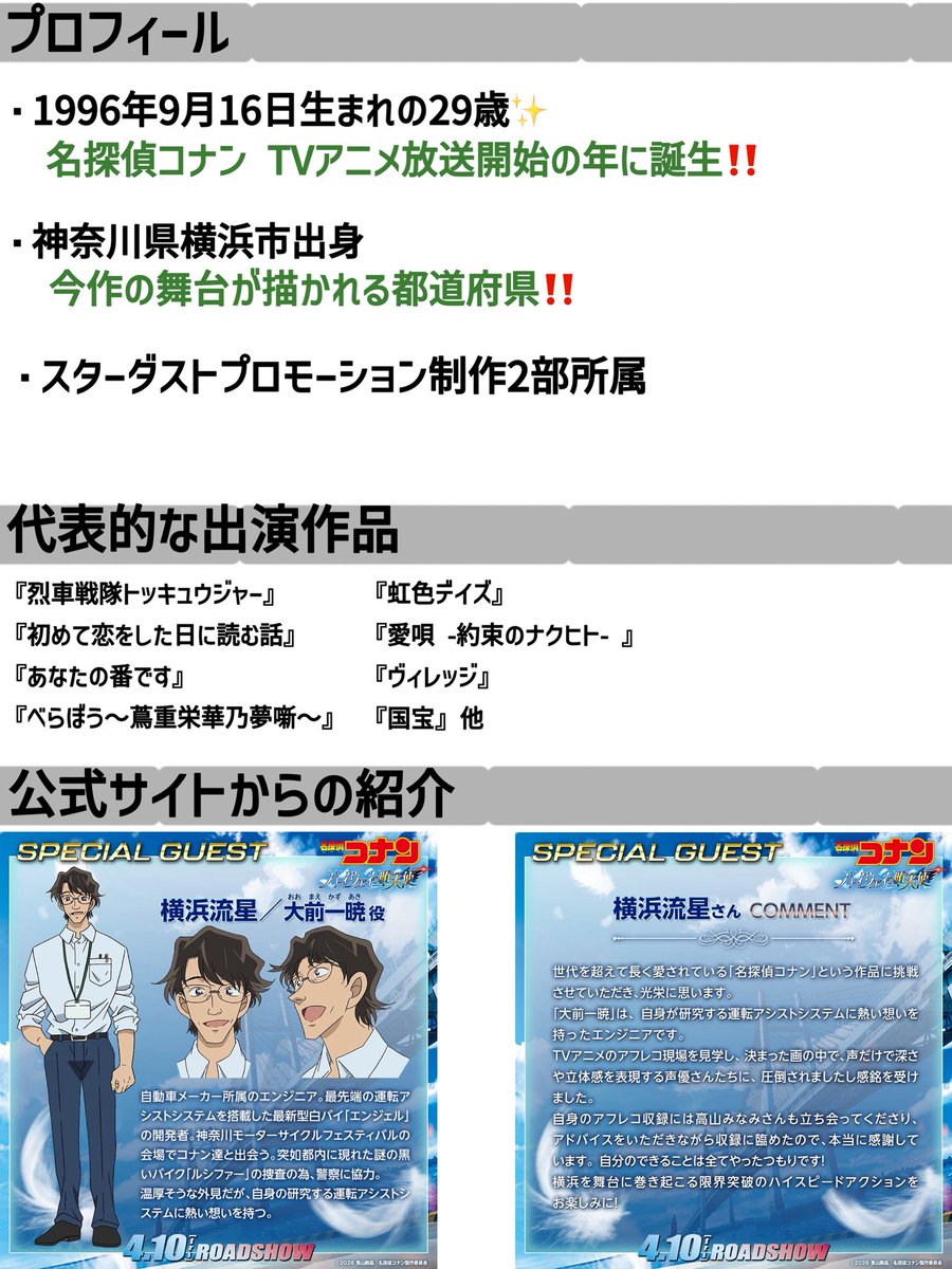 conann2023's tweet photo. 29作【ハイウェイの堕天使】

今作のゲスト声優を担当される国民的俳優の「横浜流星」さんについて詳しく調査しました。

#名探偵コナン　#ハイウェイの堕天使 https://t.co/SMH09eH3jb