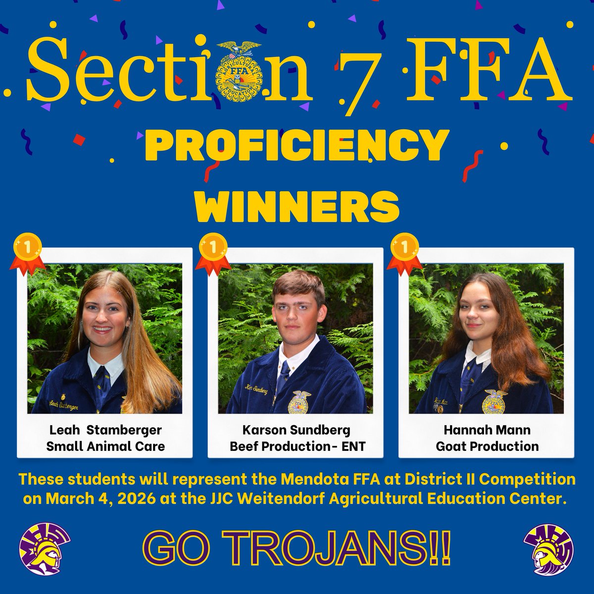 Congratulations to three of our members on winning their respective areas at last night's Section 7 FFA Proficiency Interviews.
Sr - Leah Stamberger - Small Animal Production &amp; Care
Jr - Karson Sundberg - Beef Production - Entreprenuership
Sr - Hannah Mann - Goat Production