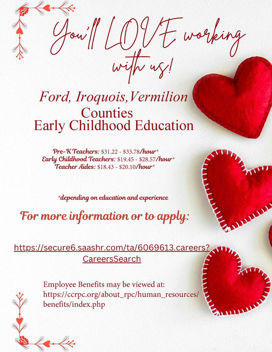 We are now hiring for positions at our Early Childhood Education locations in Ford, Iroquois, and Vermilion Counties. Learn more and apply at tinyurl.com/yc38ab2a.