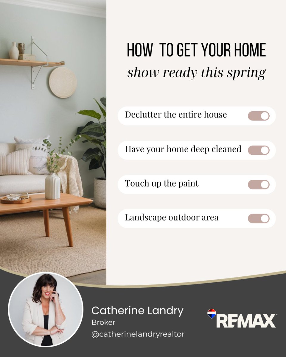 Here are a few simple steps to make your home stand out this upcoming season:

✨ Declutter every room
✨ Deep clean your home
✨ Touch up the paint
✨ Landscape your outdoor area

These small updates can go a long way in making a big impression this spring!