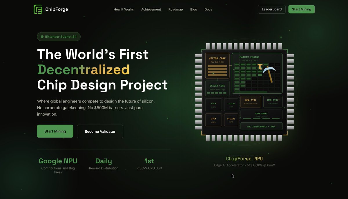 TatsuEcosystem's tweet photo. ChipForge (SN84), reforged — our new site is live

We've rebuilt https://t.co/00mZYjfIPi from the ground up — a faster, cleaner experience designed to reflect the scale and ambition of the world's first decenτralized chip foundry.
With engineers competing globally, a completed RISC-V microcontroller with hardware crypto extensions, and an Edge AI NPU in active development — ChipForge is redefining how silicon gets designed.
No corporate gatekeeping. No barriers. Just open, incentivized hardware innovation — on-chain.
Explore the new site 👇 
https://t.co/00mZYjfIPi