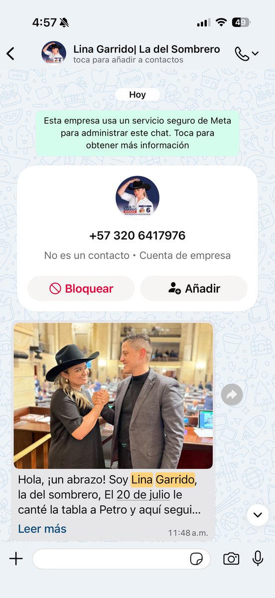 Rpte <a href="/linamariagarri1/">Lina Maria Garrido</a> en su campaña están haciendo uso indebido de mis datos personales: me están contactando por WhatsApp sin mi autorización. Solicito me informen de dónde obtuvieron mis datos y bajo qué fundamento legal los están tratando.
La Ley 1581 de 2012 es clara.