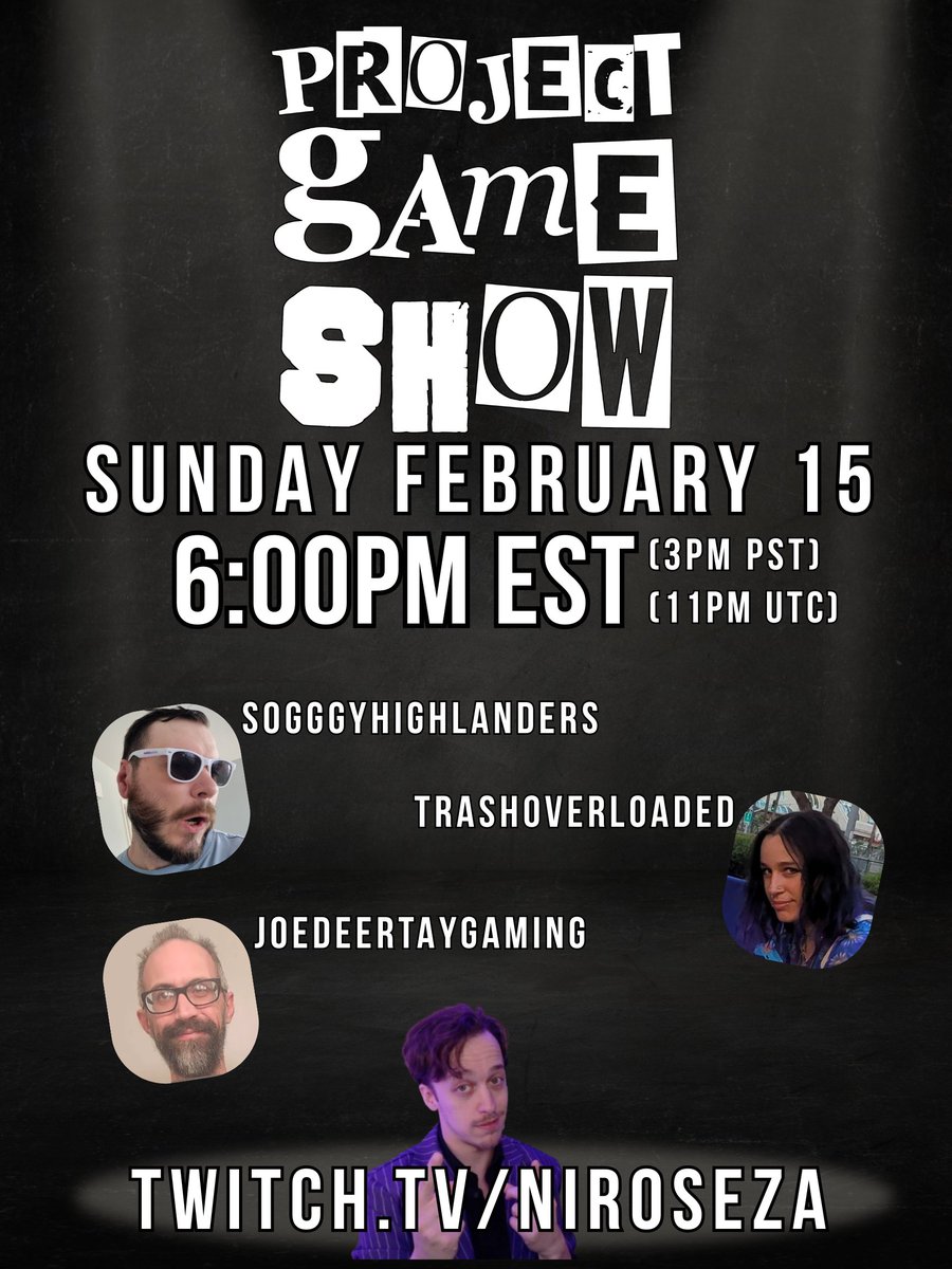We are only a few days away from recording the pilot episode of Project Game Show!

Currently scheduled for this Sunday February 15, at 6:00pm EST (3:00pm PST / 11:00pm UTC).

Join us and experience behind the scenes production filled with laughs and good vibes!