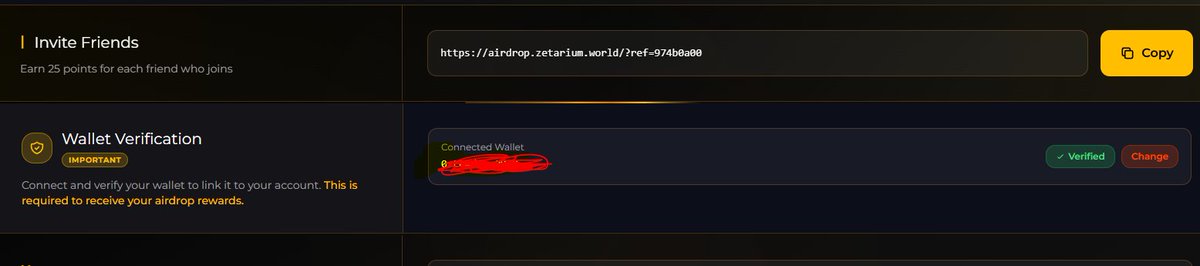 Quick reminder for <a href="/Zetarium_/">Zetarium</a> users 👇

Wallet verification is required to lock in ownership.
Just sign once — and note that wallets can’t be switched afterward.
Take a minute and get it done.
This is required to receive your airdrop rewards.