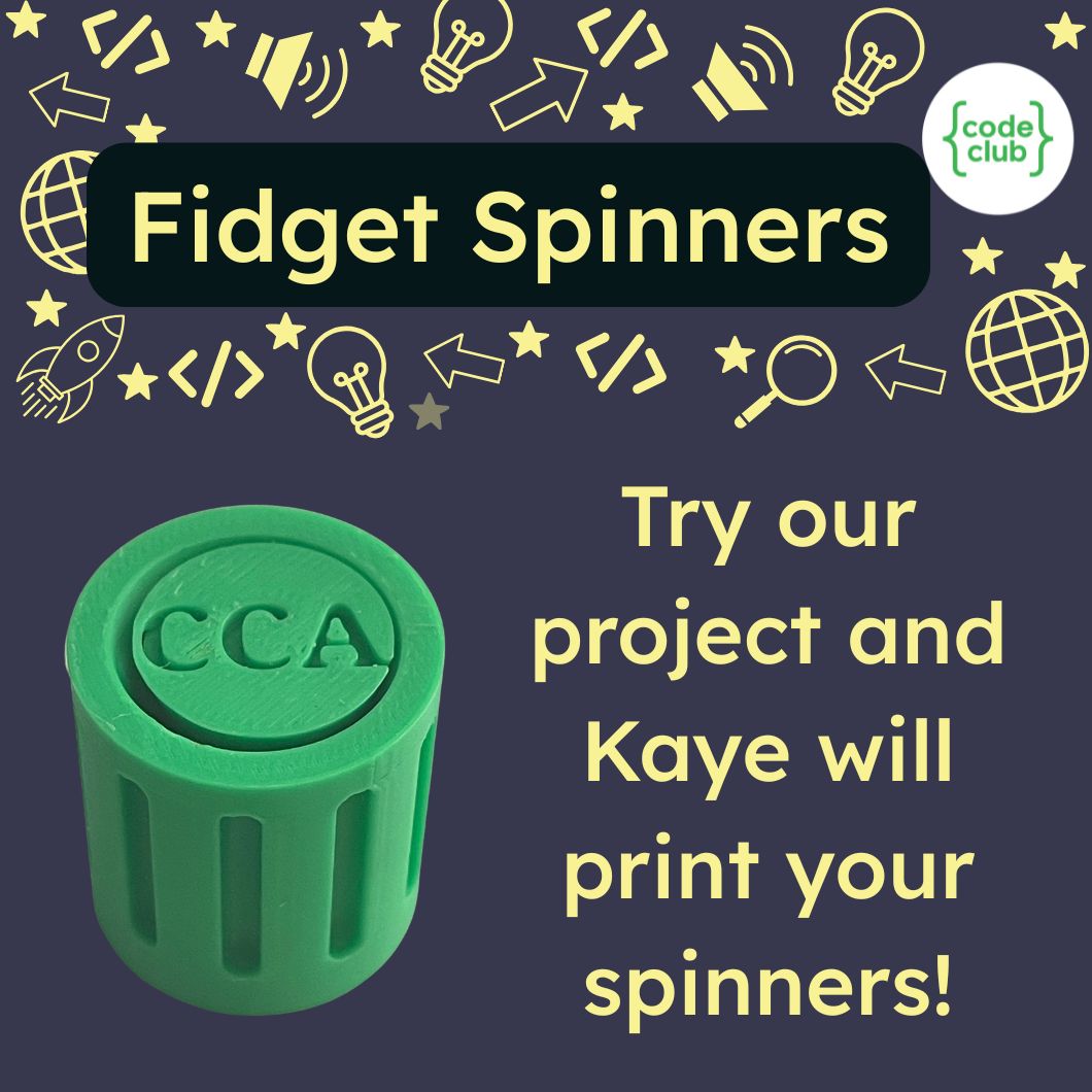 CodeClubAus's tweet image. Looking for a fun project to start your year with?  Try our new fidget spinner 3D design project!

If you don't have access to a 3D printer, you can send the files to Kaye who will print them for you.  

codeclubau.org/competitions-2…

#getkidscoding #3Ddesign #fidget