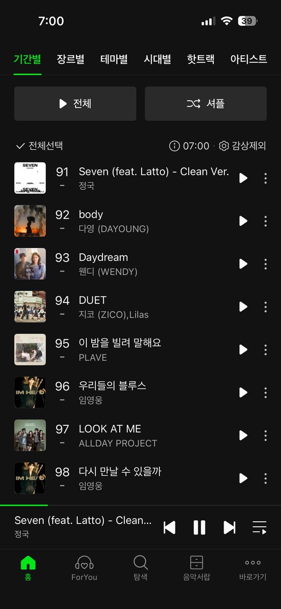 방모닝🫶🫶
프리징해제 전 7시 스밍체크
하루 시작하시는 지금 
스밍 한번씩 체크해주세요💜

세븐  탑백  91위 🔥🔥🔥

#함께_스밍해요_아미 
#SEVEN #Jungkook
#봄날 #AlwaysWithBTS
#BTSARMY