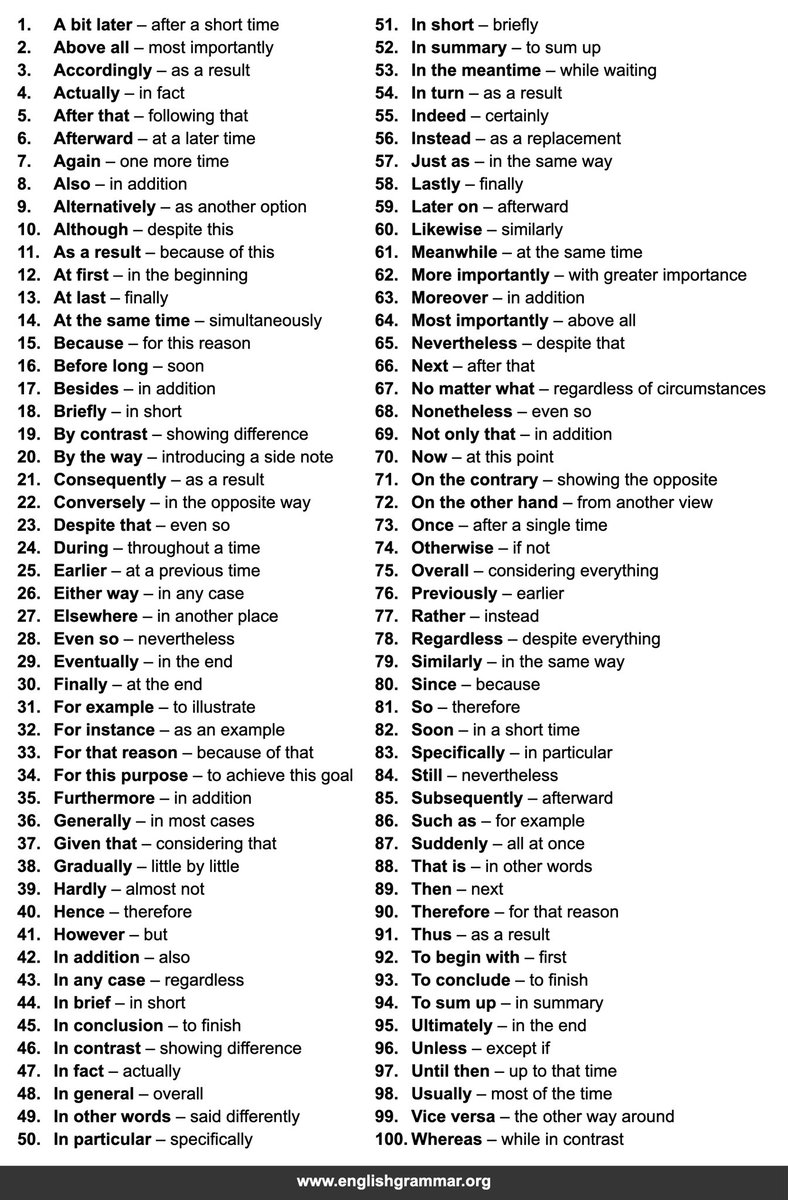 100 Transition Words and Phrases Every English Learner Should Know