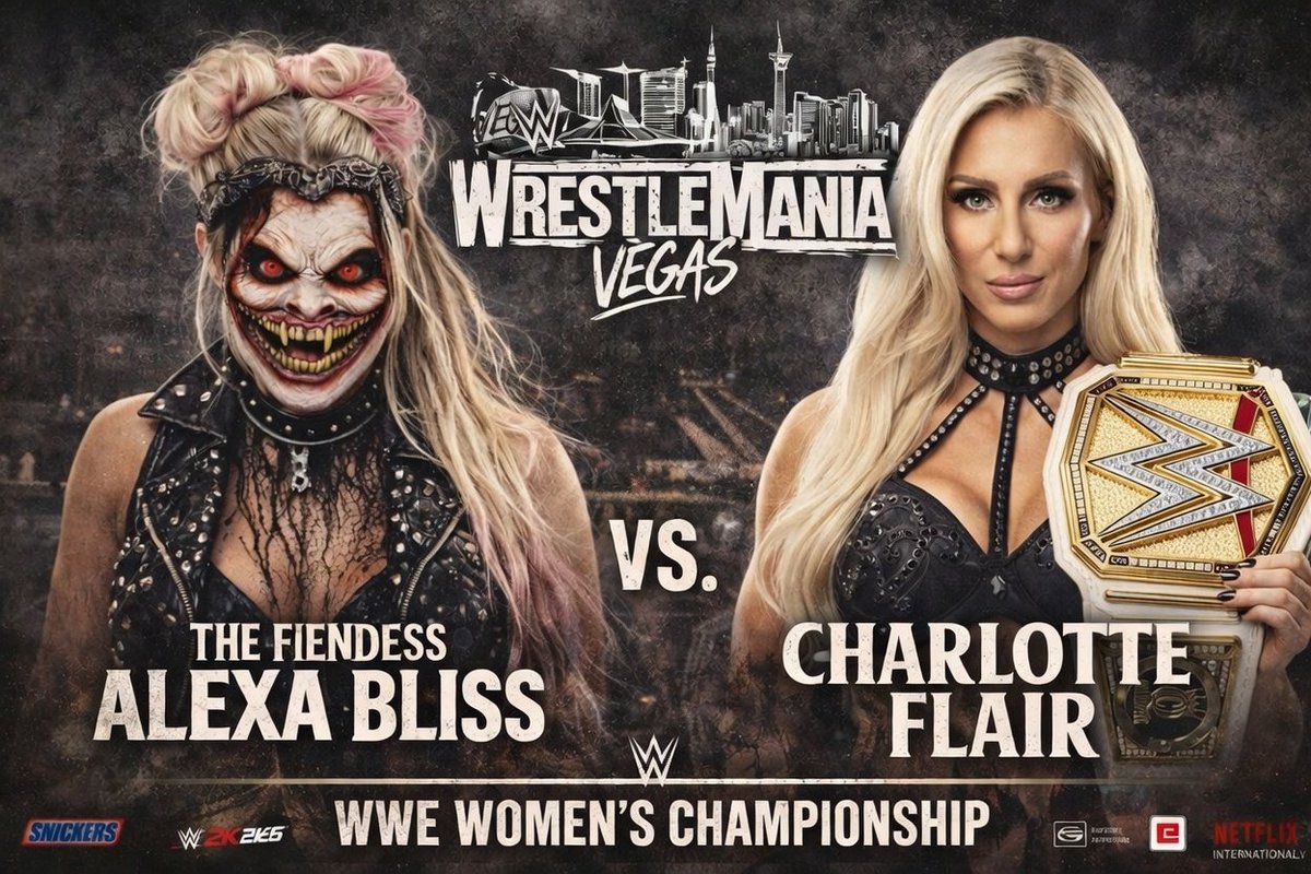 AlexaDaGOAT's tweet photo. "The Fiendess" Alexa Bliss vs. Charlotte Flair for the WWE Women's Championship at WrestleMania 42. #AlexaBliss #LetHerIn #WrestleMania https://t.co/fFG1oddauI