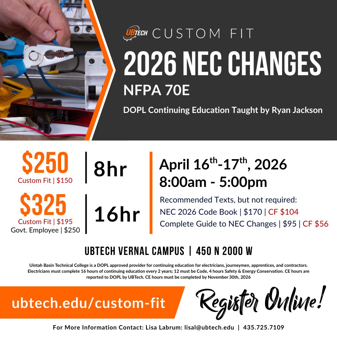 UBTechTitans's tweet photo. UBTech Custom Fit's 2026 NEC Changes course comes to the UBTech Vernal Campus in April! Head to the link below to learn more or to register. 
👉https://t.co/lifIBKtBEV https://t.co/qtmt1lAiyu