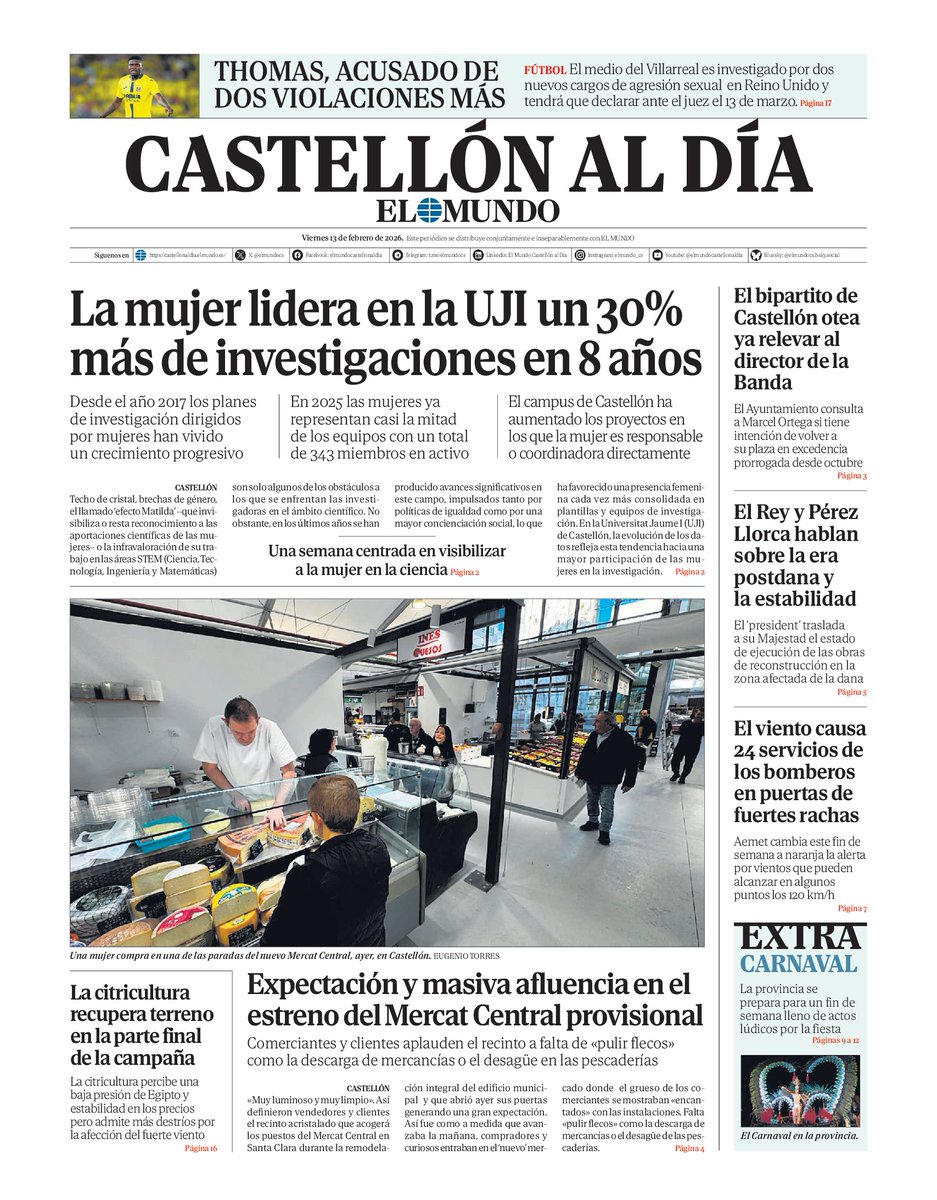 Buenos días, esta es nuestra portada de EL MUNDO CASTELLÓN AL DÍA de hoy viernes 13 de febrero de 2026.