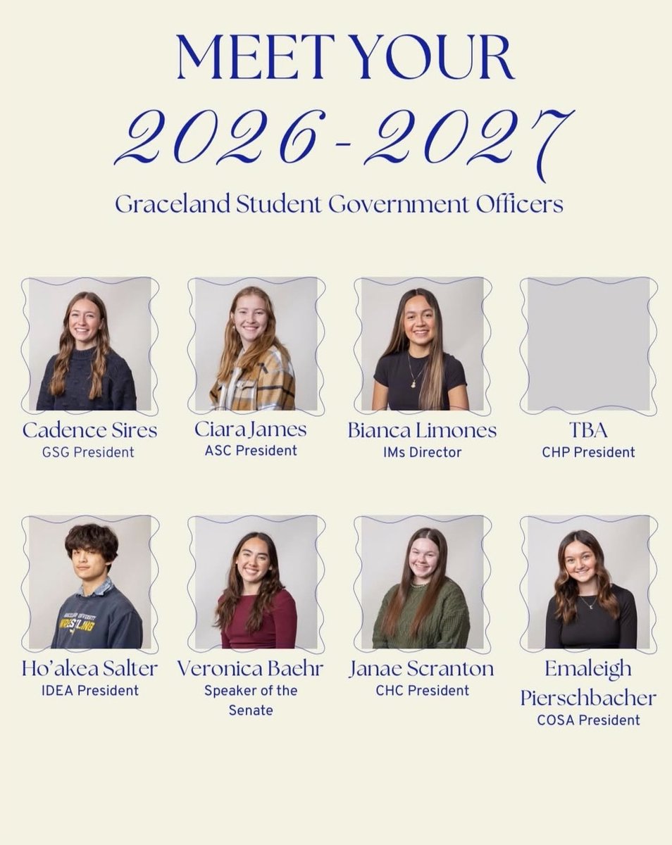 GracelandU's tweet photo. Congratulations to our 2026–2027 officers! We are grateful to every candidate who stepped up to run and be part of this process. 
#GracelandUniversity #StudentGovernment #YouBelongHere https://t.co/oTkxnYqyAW