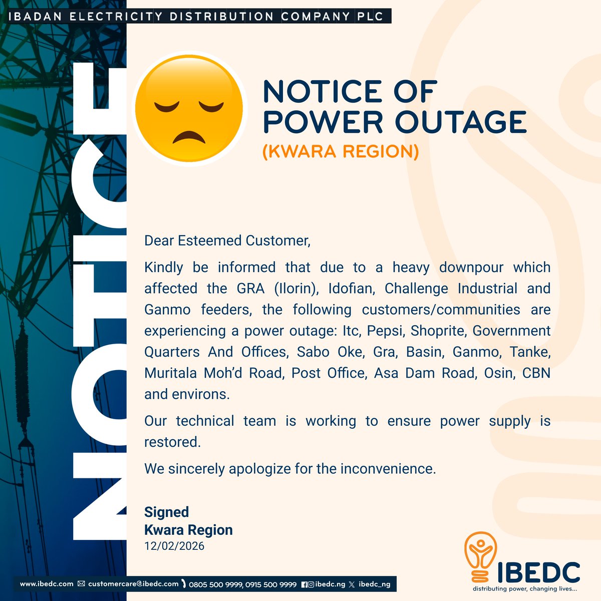 IBEDC_NG's tweet photo. Notice of Power Outage
#ibedc #kwara https://t.co/1OaplPkW7B