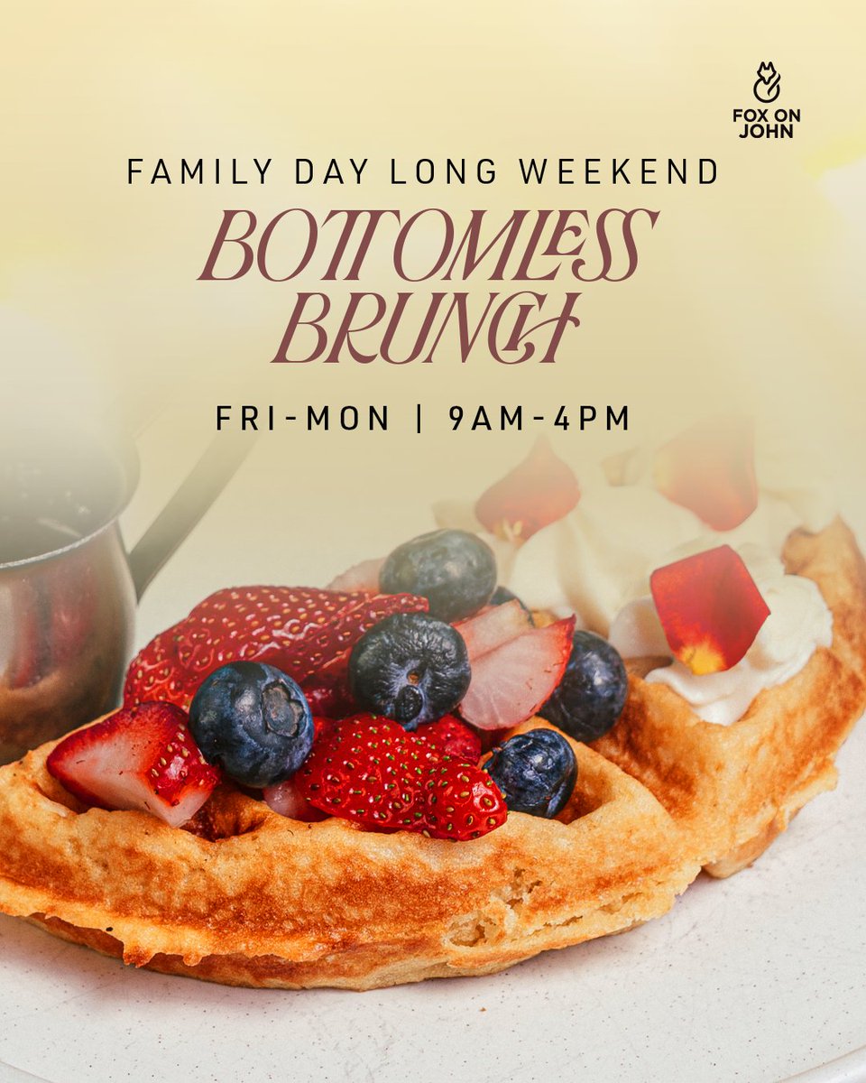 Family Day Long Weekend All-Inclusive Bottomless Brunch at Fox on John.

Feb 14 to 16 | 9 AM to 4 PM
Enjoy unlimited brunch dishes, plus bottomless Cava Brut with juices of your choice.

Reserve now at FoxonJohn.ca
106 John Street, Toronto

#TorontoBrunch