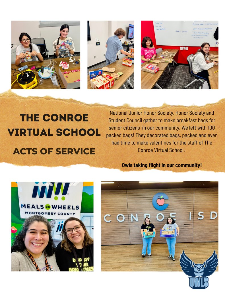 VirtualCISD's tweet photo. National Junior Honor Society, Honor Society and
Student Council gather to make breakfast bags for
senior citizens in our community. We left with 100
packed bags! They decorated bags, packed and even
had time to make valentines for the staff of The
Conroe Virtual School. https://t.co/q5trsUycl7