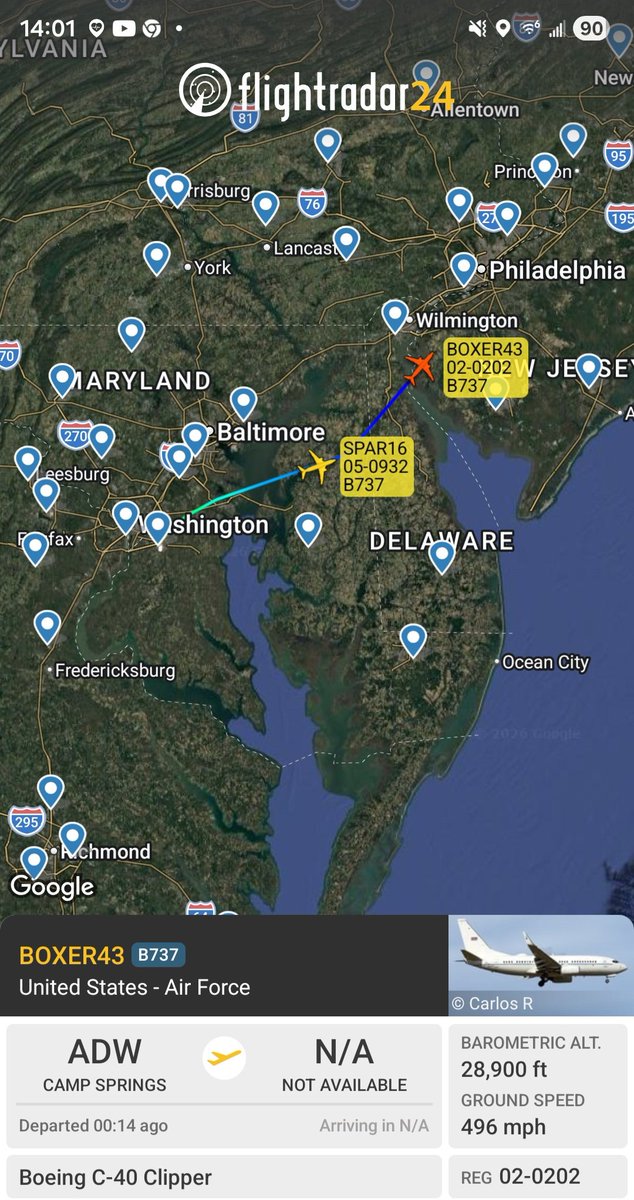 Borrowed7Time's tweet photo. USAF C-40 Clipper x2 departing JB Andrews, tracking NE to an undetermined destination(s):
02-0202 #AE1167 BOXER43
05-0932 #AE189C SPAR16
@sipjack1776 @LadyAstroJet @USGovJets https://t.co/JHf6bNYQBx
