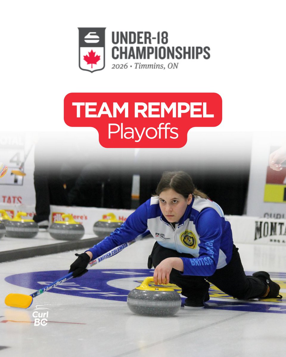 CurlBC's tweet image. Playoffs kick off tomorrow at the 2026 Canadian Under-18 Curling Championships! 🥌
Team Rempel is the no.2 seed and will face the winner of Alberta #2 vs Nova Scotia #2.

Cheer them on and follow live scores here: curling.ca/2026u18

#GoBCGo