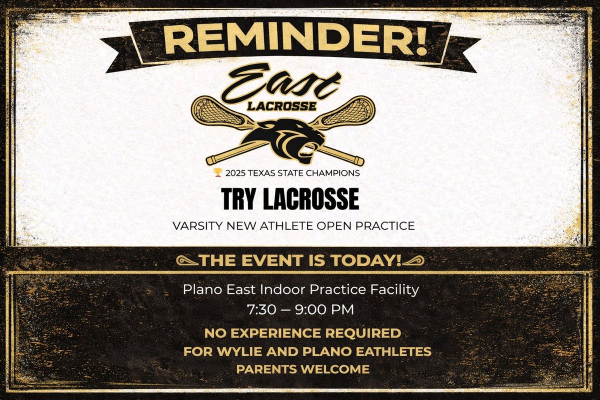 🏆 TODAY IS THE DAY – Try Lacrosse

Wylie &amp; Plano East HS athletes — join us tonight.

⏰ 7:30–9:00 PM
📍 Plano East Indoor Practice Facility
No experience required. Parents welcome.

🔗 EastLax.org

See you tonight.
