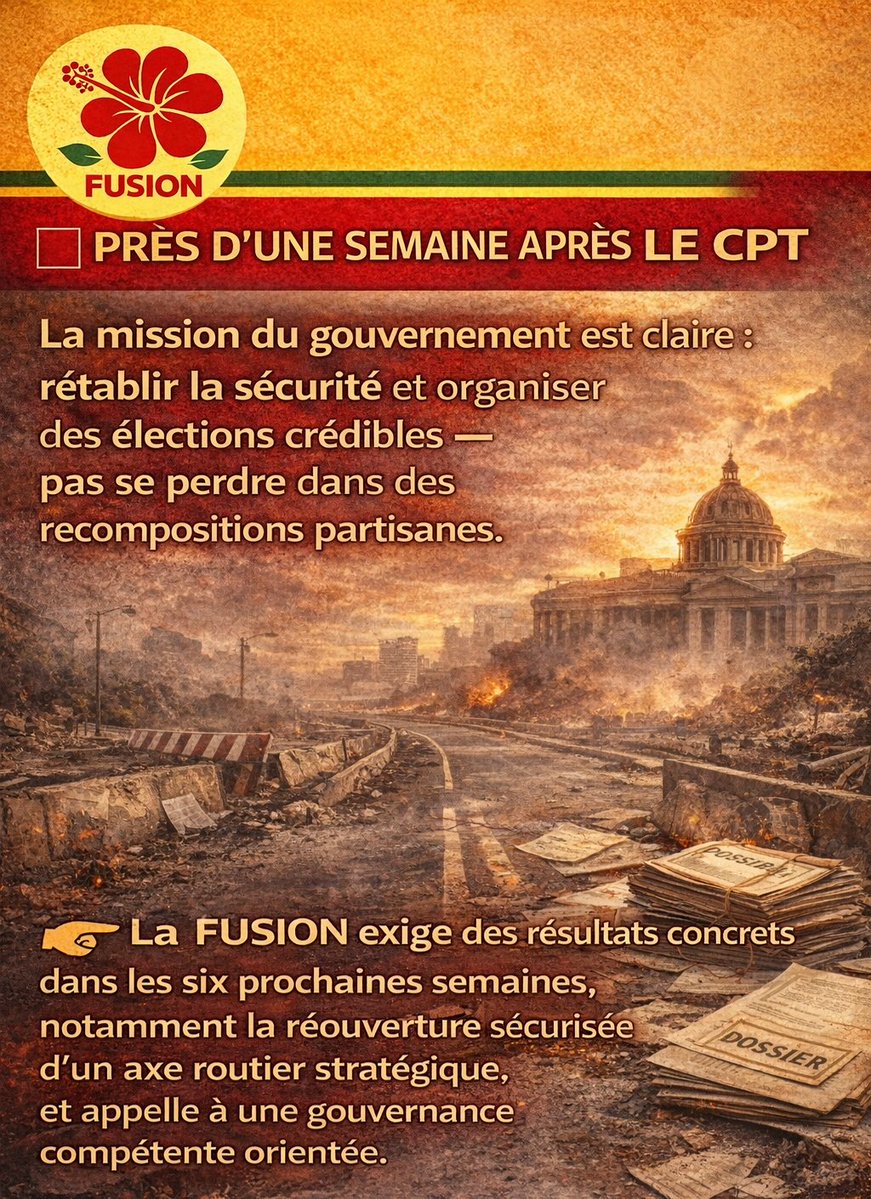 🟥 Message politique — Moins d'une semaine après la fin du mandat du CPT, le pays se retrouve face à un exécutif monocéphale dirigé par le Premier ministre, M. Alix Didier Fils-Aimé.

Sa mission est claire : rétablir la sécurité et organiser des élections crédibles. 

Rien de